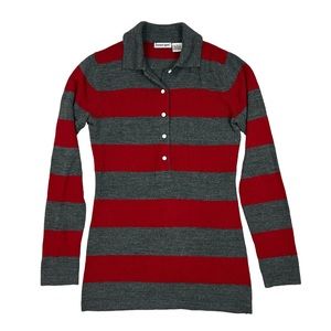 Vtg 90s Striped Henley Knit Collared Red Gray Preppy Grunge Sz M